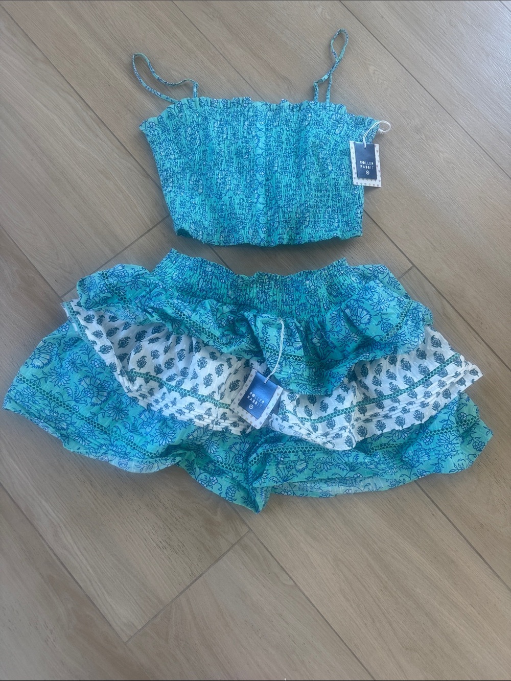 Turquoise Floral Ruffle Women’s Skirt and Top Smocked Waist